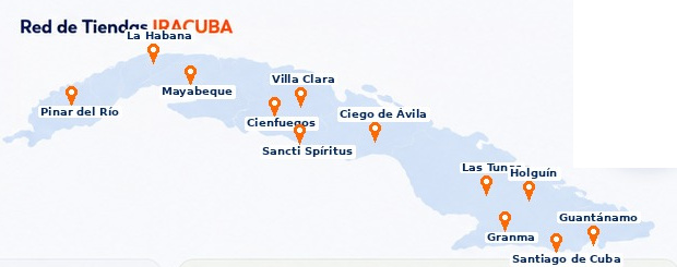 Mapa actualizado de la red de tiendas IRACUBA en Cuba